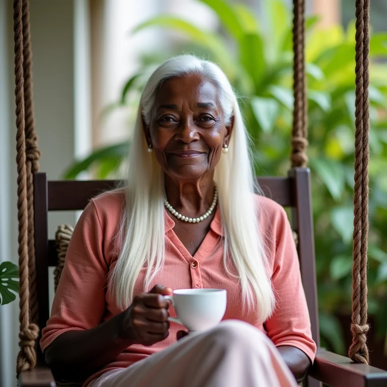 Mulher idosa brasileira aproveitando um chá.