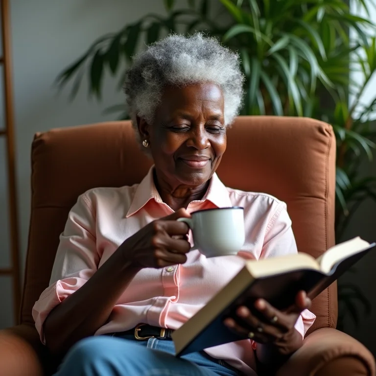 Mulher idosa brasileira lendo e tomando chá