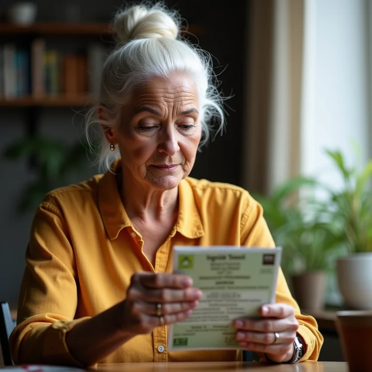 Mulher idosa lendo rótulo de chá para verificar ingredientes e contraindicações