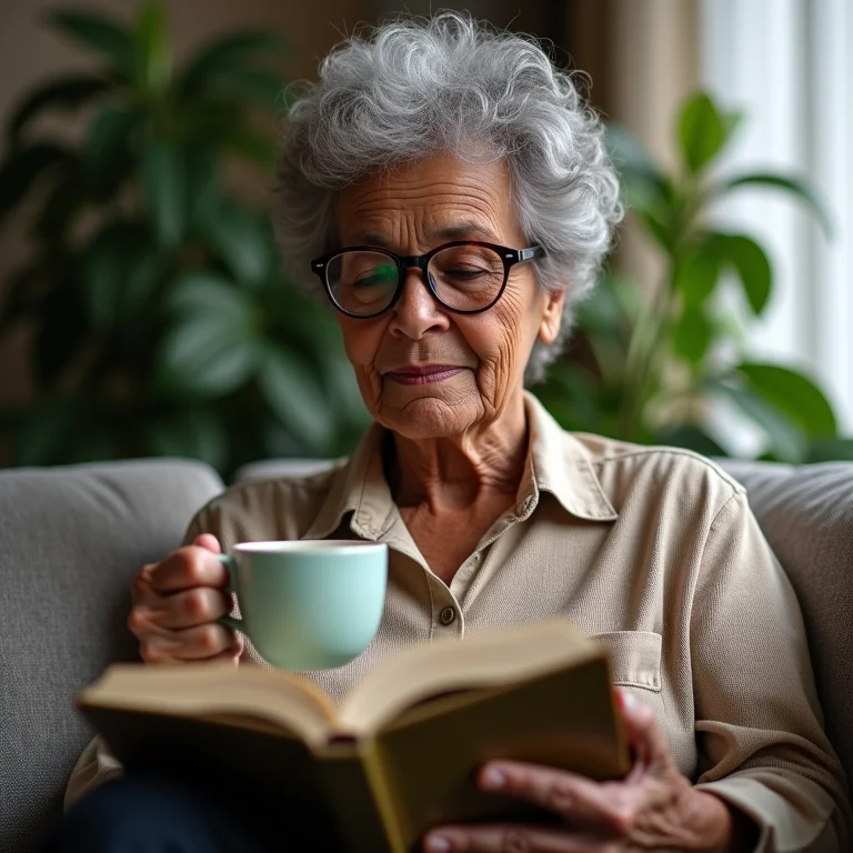 Mulher idosa lendo sobre ervas medicinais enquanto toma chá.