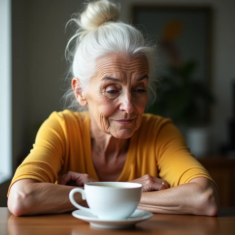Mulher idosa observando sua xícara de chá com atenção.