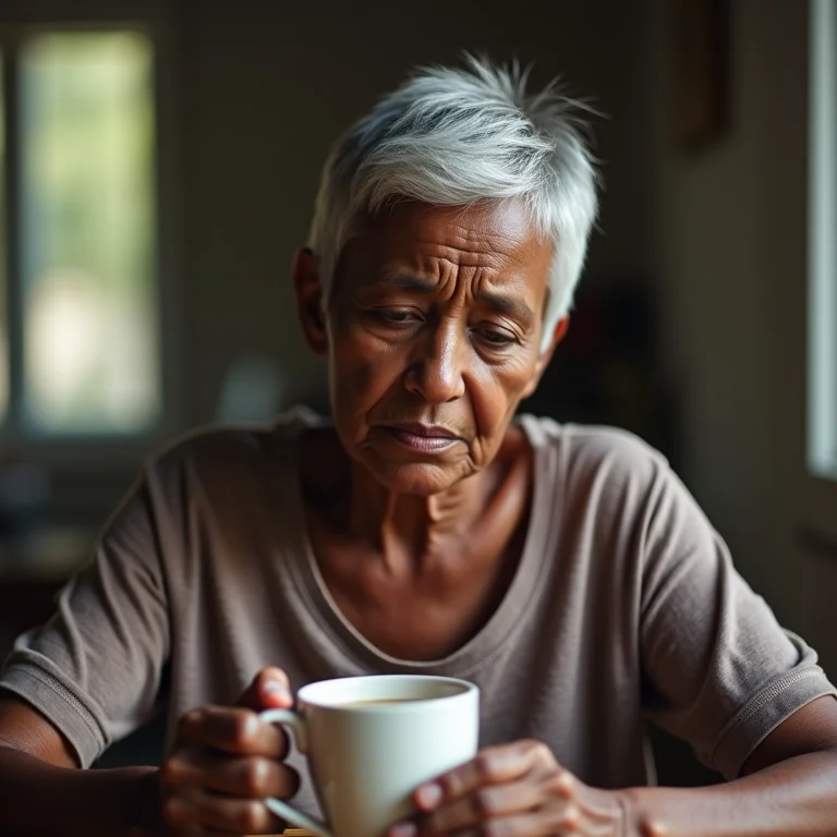 Mulher idosa refletindo sobre os efeitos do chá de hortelã
