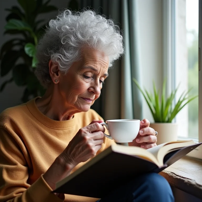 Mulher idosa relaxada lendo livro com xícara de chá, mitos e verdades.