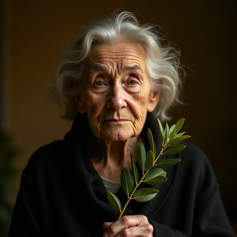 Mulher idosa segurando um ramo de arruda, representando crenças populares.