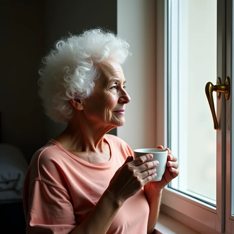 Mulher idosa segurando xícara de chá de sabugueiro.