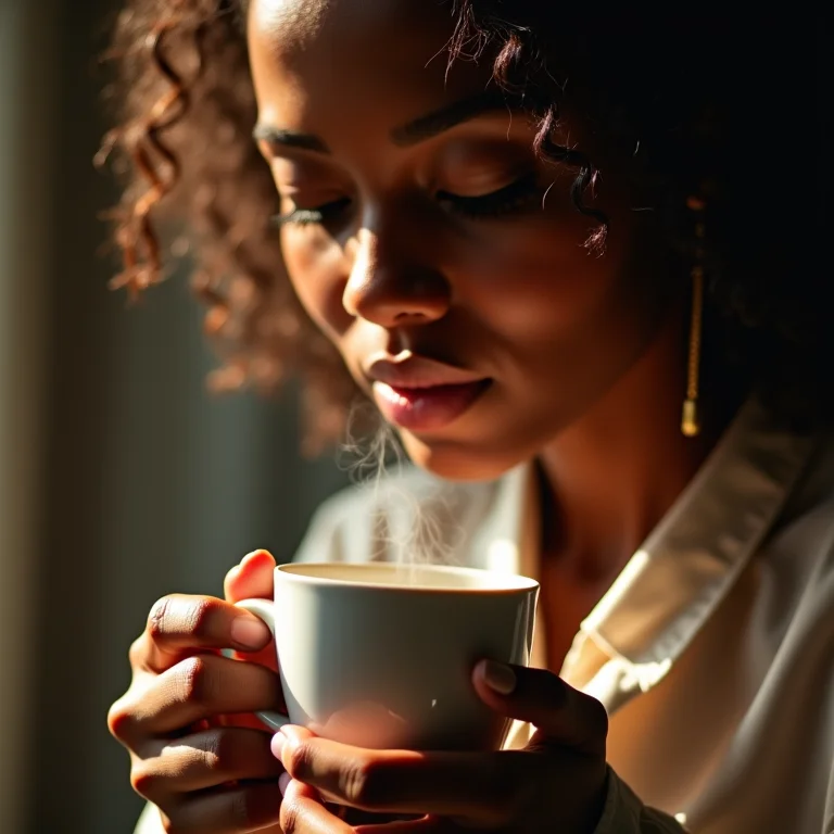 Mulher inalando aroma de chá com óleos essenciais