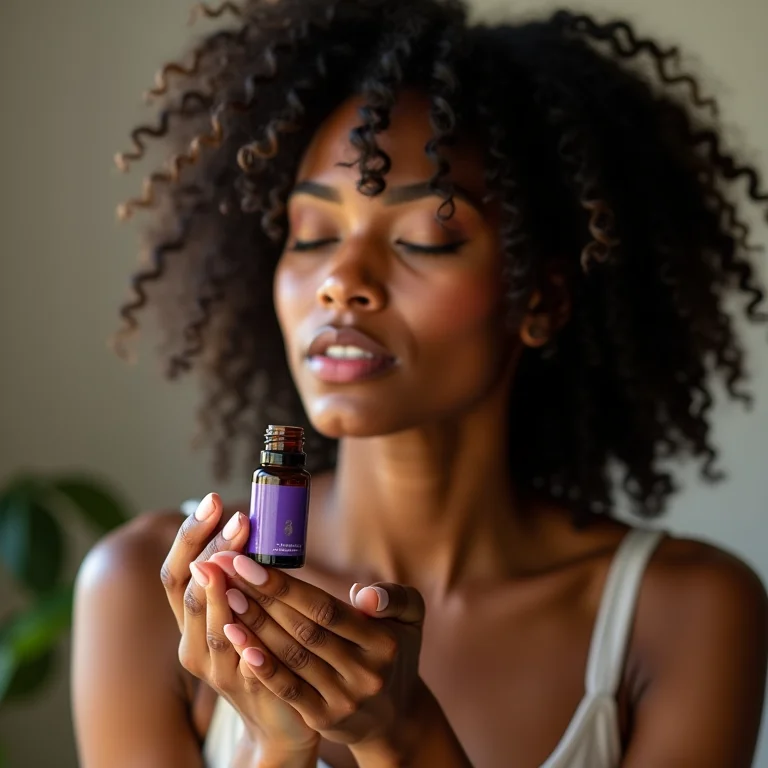 Mulher inalando o aroma de óleo essencial de lavanda para acalmar a mente.