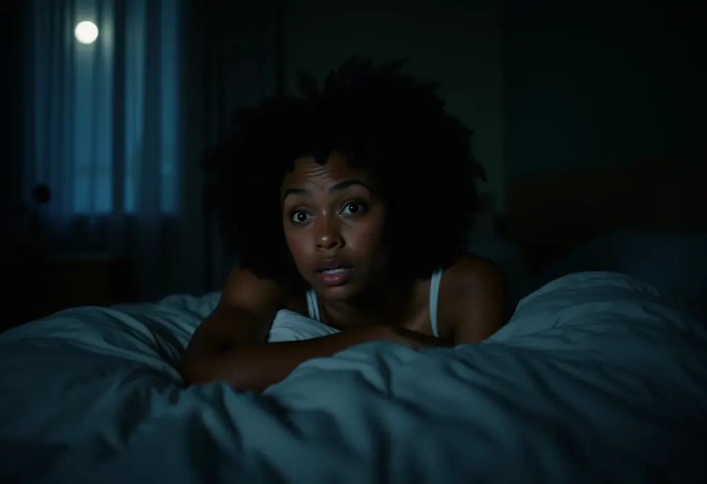 Mulher insone agitada na cama, sofrendo com os efeitos colaterais do chá de valeriana