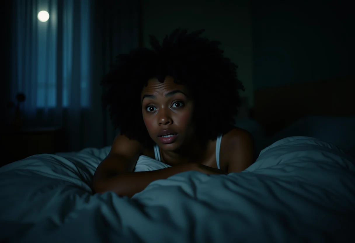 Mulher insone agitada na cama, sofrendo com os efeitos colaterais do chá de valeriana