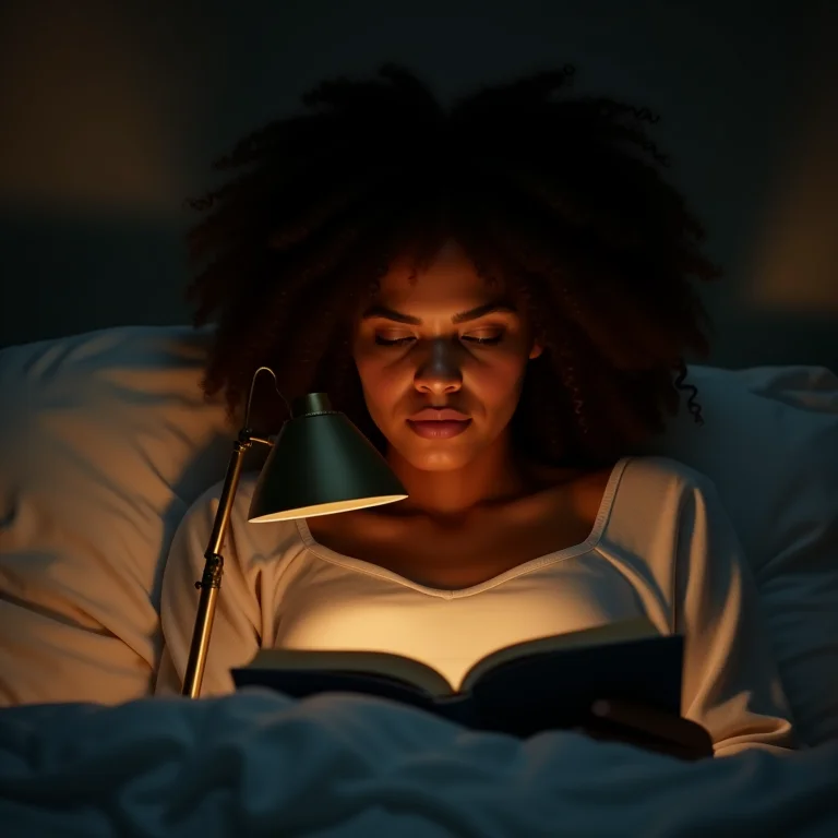 Mulher lendo com luminária de leitura mal posicionada