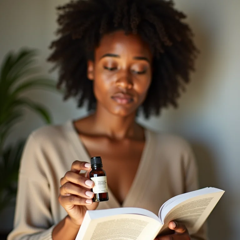 Mulher lendo rótulo de óleo essencial com atenção