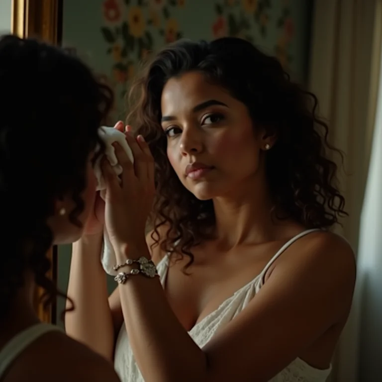 Mulher limpando delicadamente um espelho antigo.