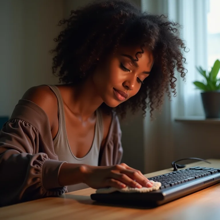 Mulher limpando delicadamente um teclado de borracha com um pano de microfibra
