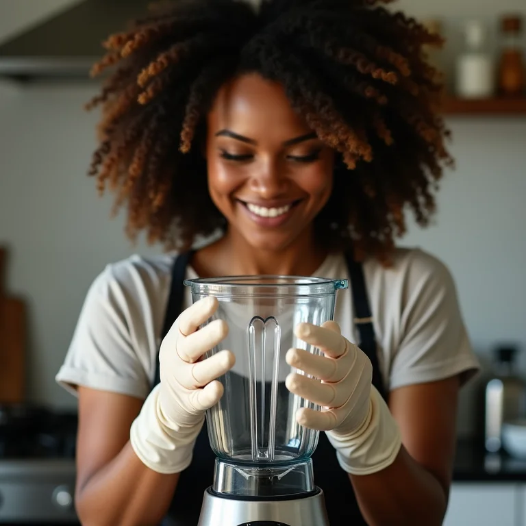 Mulher limpando liquidificador de inox com segurança.