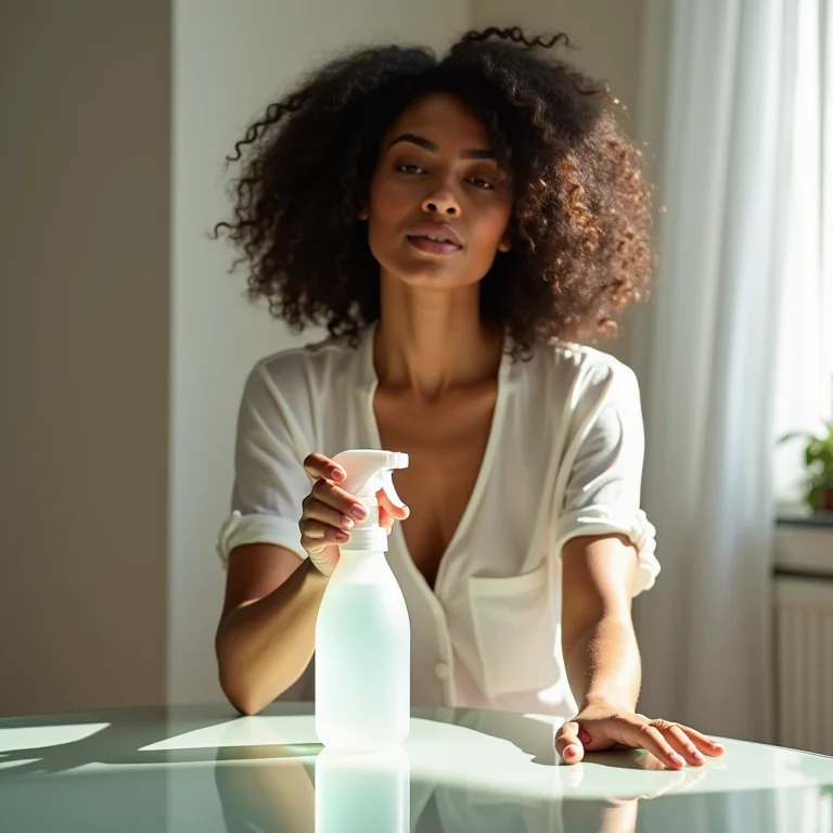 Mulher limpando mesa de vidro com borrifador.