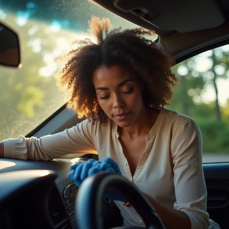 Mulher limpando o painel do carro com cuidado.
