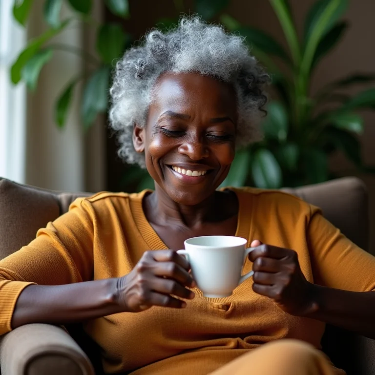 Mulher madura apreciando chá de camomila durante a gravidez