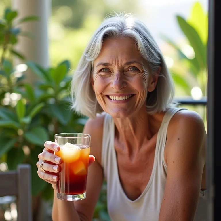 Mulher madura aproveitando chá de açaí em casa.