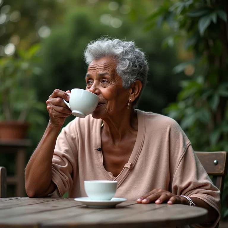 Mulher madura brasileira apreciando chá de erva cidreira no jardim.