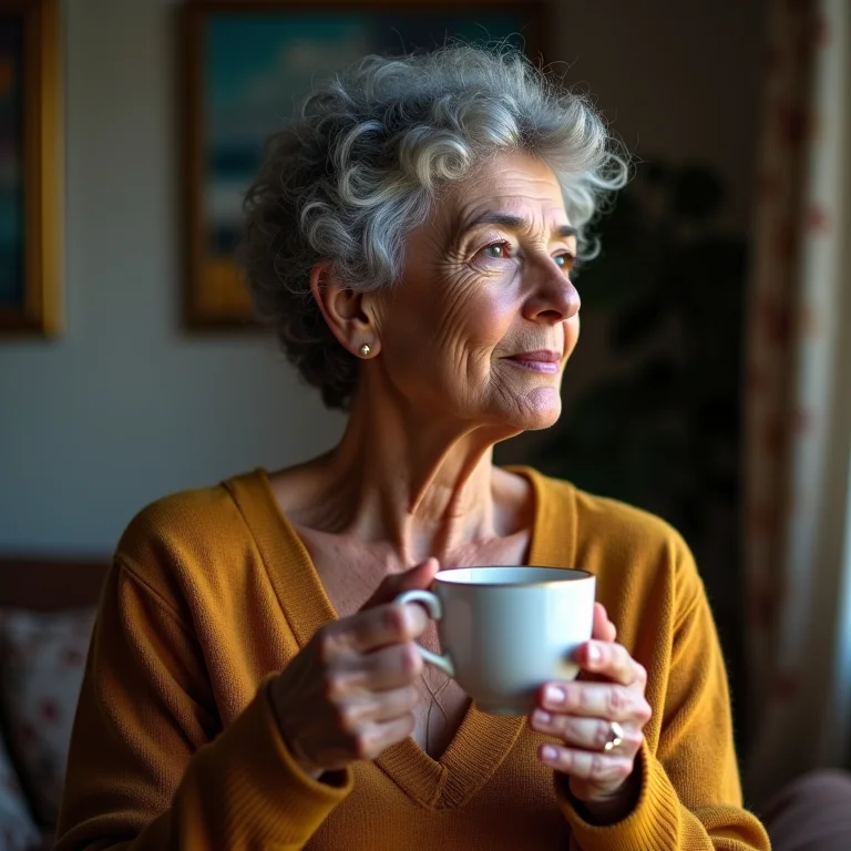 Mulher madura brasileira apreciando uma xícara de chá de endro