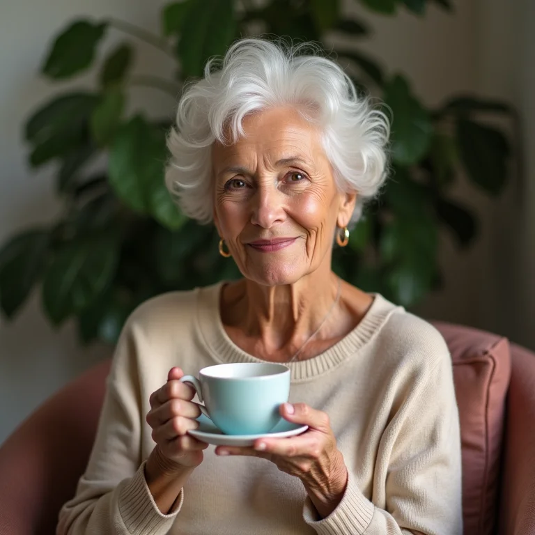 Mulher madura brasileira desfrutando de uma xícara de chá de hibisco em um momento de relaxamento.