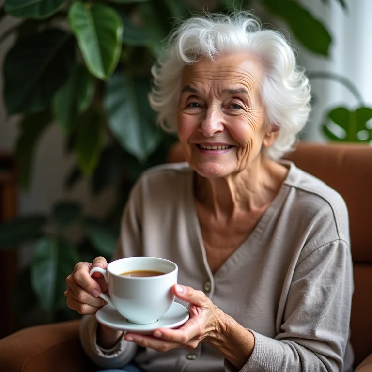 Mulher madura brasileira desfrutando de uma xícara de chá de casca de maracujá em um momento de relaxamento.