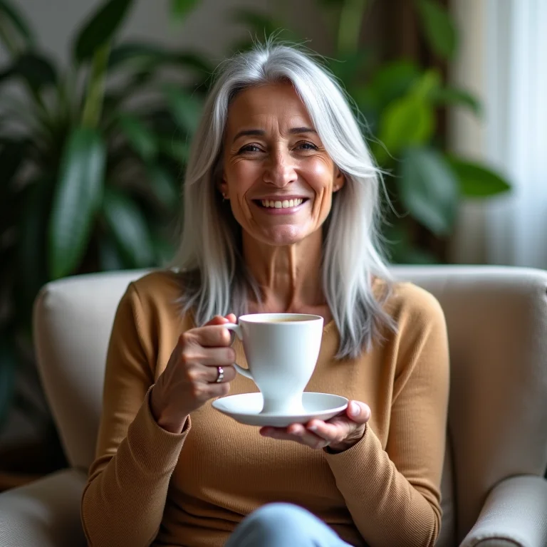 Mulher madura brasileira desfrutando de uma xícara de chá