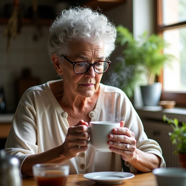 Mulher madura brasileira refletindo sobre chá com olhar pensativo