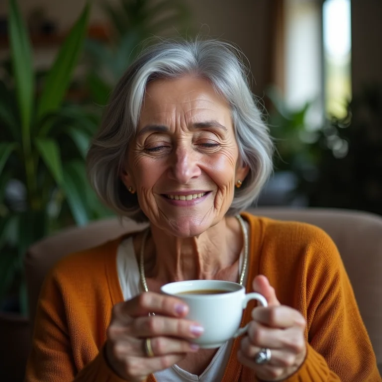 Mulher madura brasileira relaxando com chá de camomila.