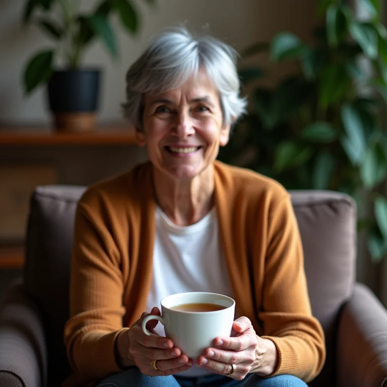 Mulher madura brasileira relaxando com chá de valeriana