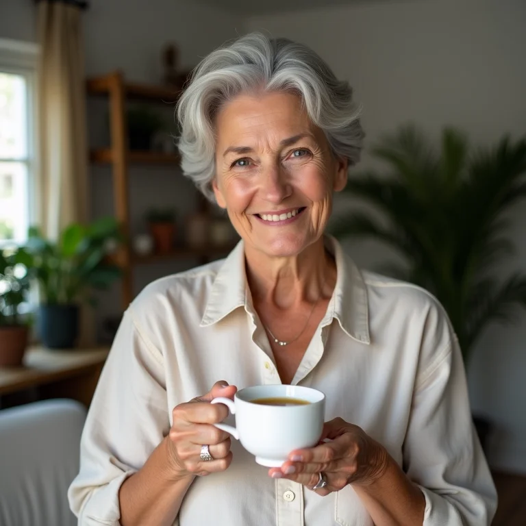 Mulher madura brasileira relaxando com uma xícara de chá de erva cidreira.