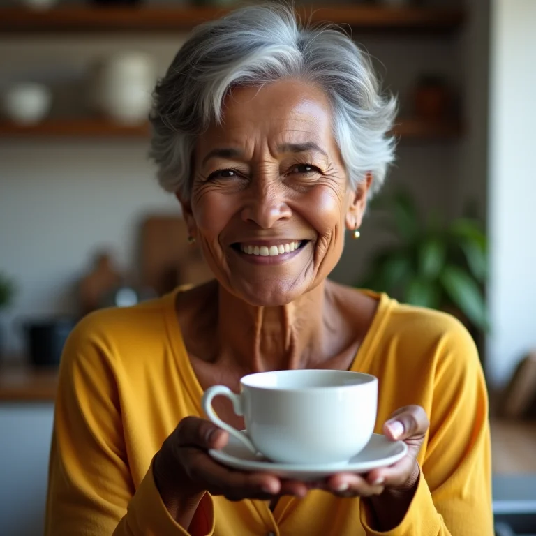 Mulher madura brasileira saboreando chá de cavalinha na cozinha