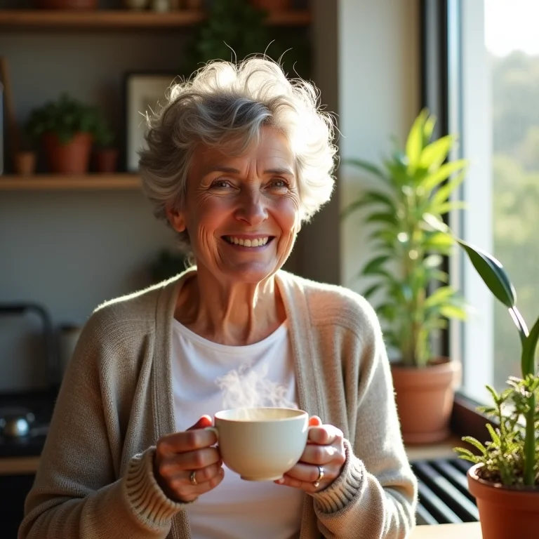 Mulher madura brasileira sorrindo com xícara de chá de erva-doce.
