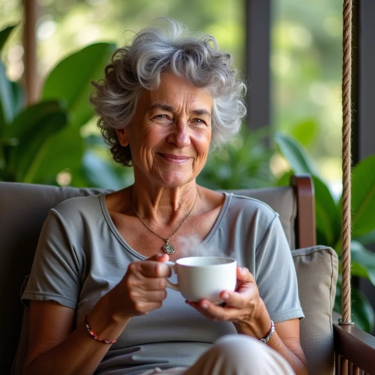 Mulher madura brasileira sorrindo enquanto bebe chá de abacaxi com limão em varanda aconchegante