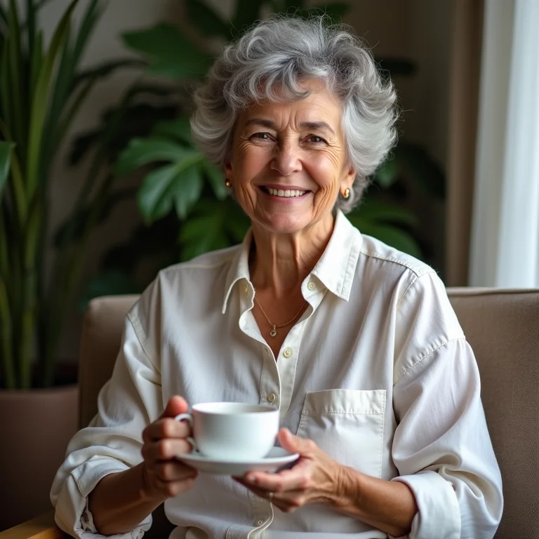 Mulher madura brasileira sorrindo enquanto toma chá