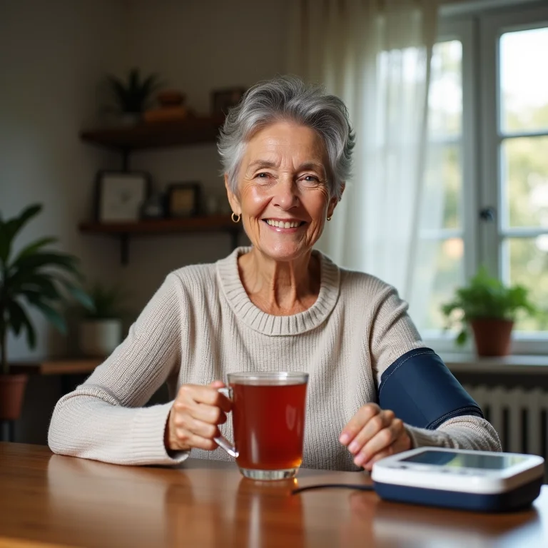 Mulher madura brasileira sorrindo enquanto verifica a pressão arterial tomando chá de hibisco.