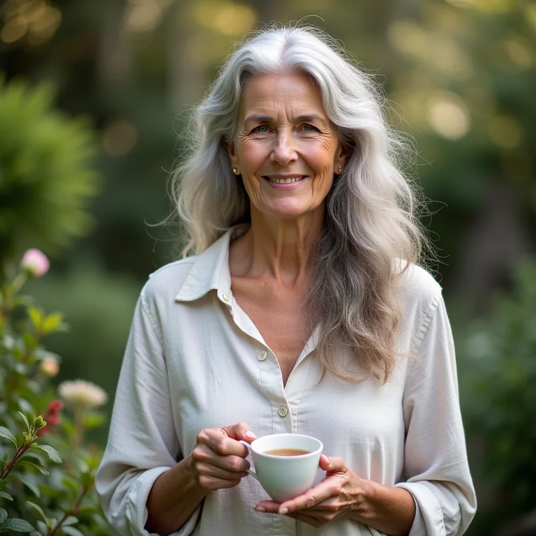 Mulher madura brasileira tomando chá de cavalinha em seu jardim.