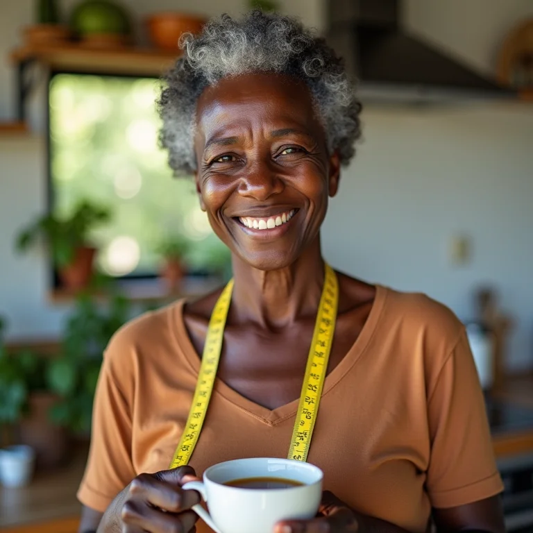 Mulher madura brasileira tomando chá de folha de goiaba.