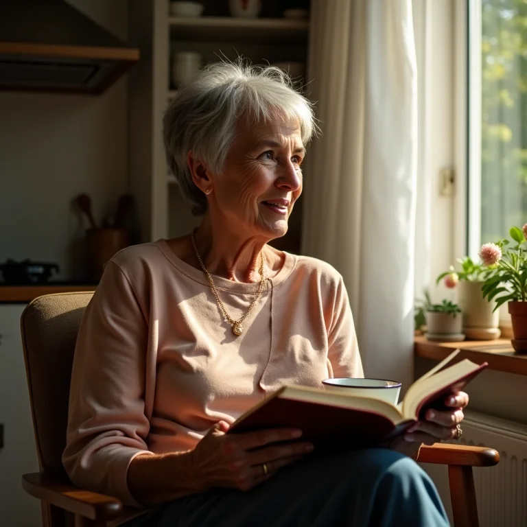 Mulher madura brasileira tomando chá e lendo um livro na cozinha
