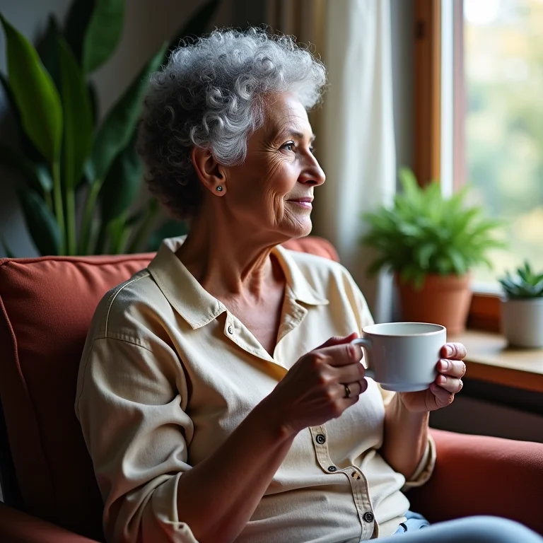 Mulher madura brasileira tomando chá e olhando pensativa pela janela.