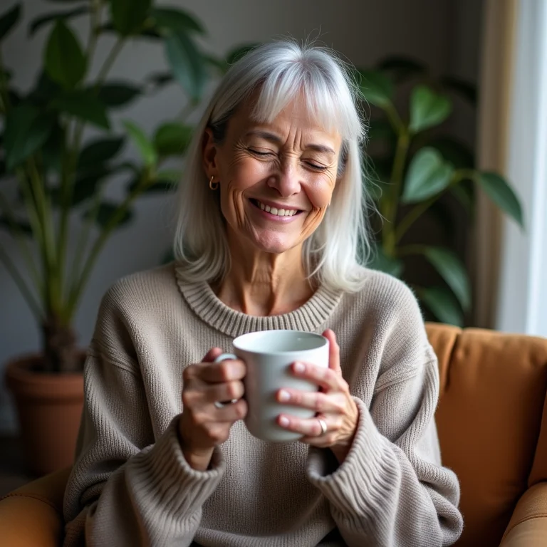 Mulher madura relaxando com uma xícara de chá quente