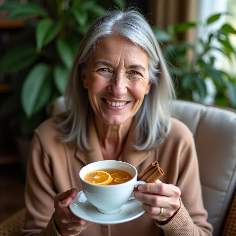 Mulher madura saboreando chá preto com laranja e canela.