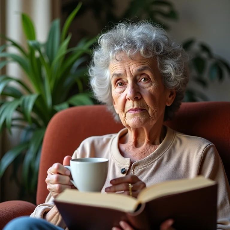 Mulher madura tomando chá e lendo livro