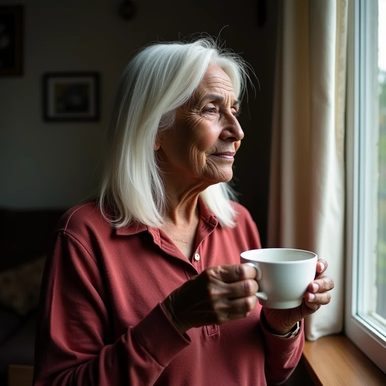 Mulher mais velha apreciando o chá de abacaxi.