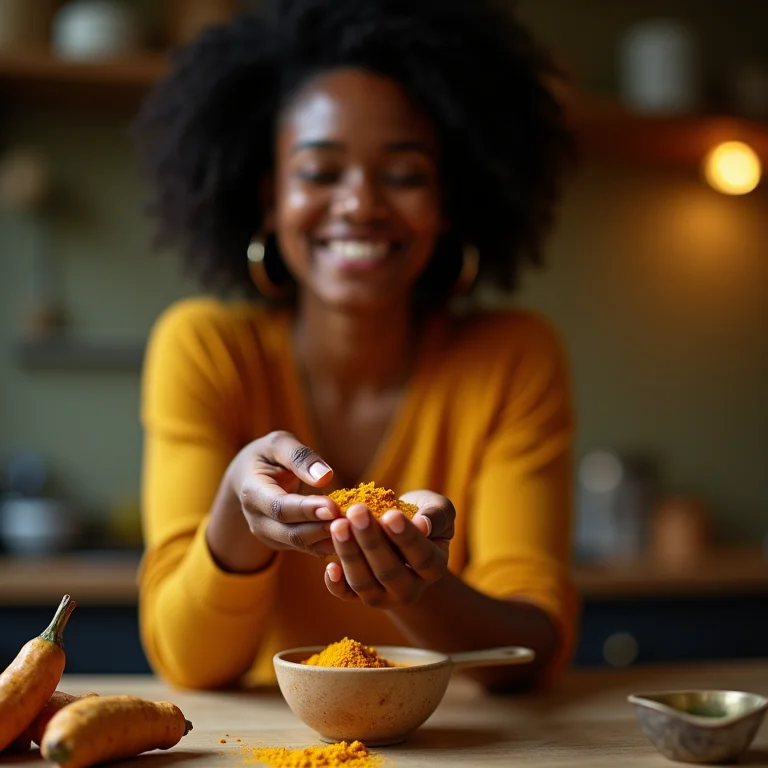 Mulher medindo a dosagem de cúrcuma