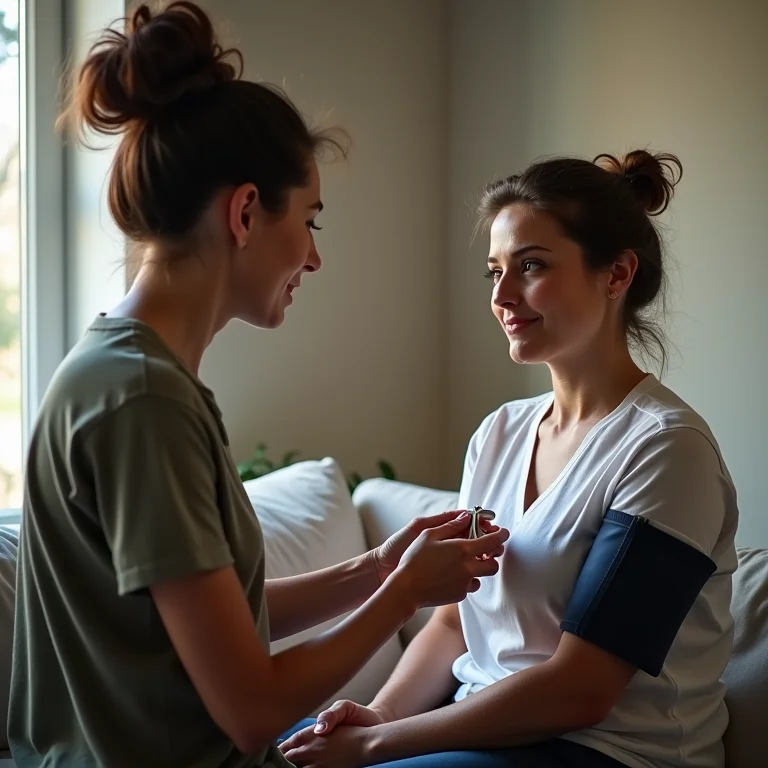 Mulher medindo pressão arterial em casa