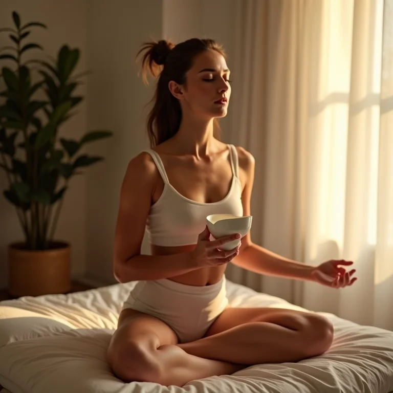 Mulher meditando com xícara de leite lunar.