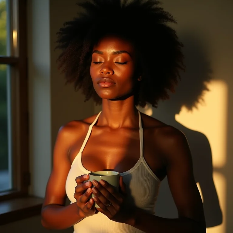 Mulher meditando enquanto bebe chá de Quebra Pedra.