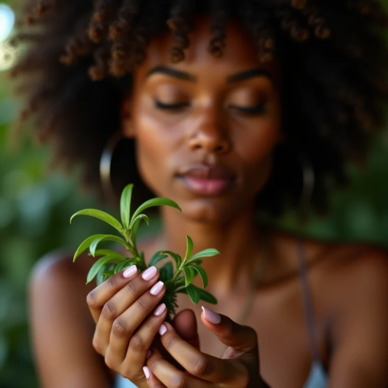 Mulher morena segurando um ramo de arruda nas mãos.