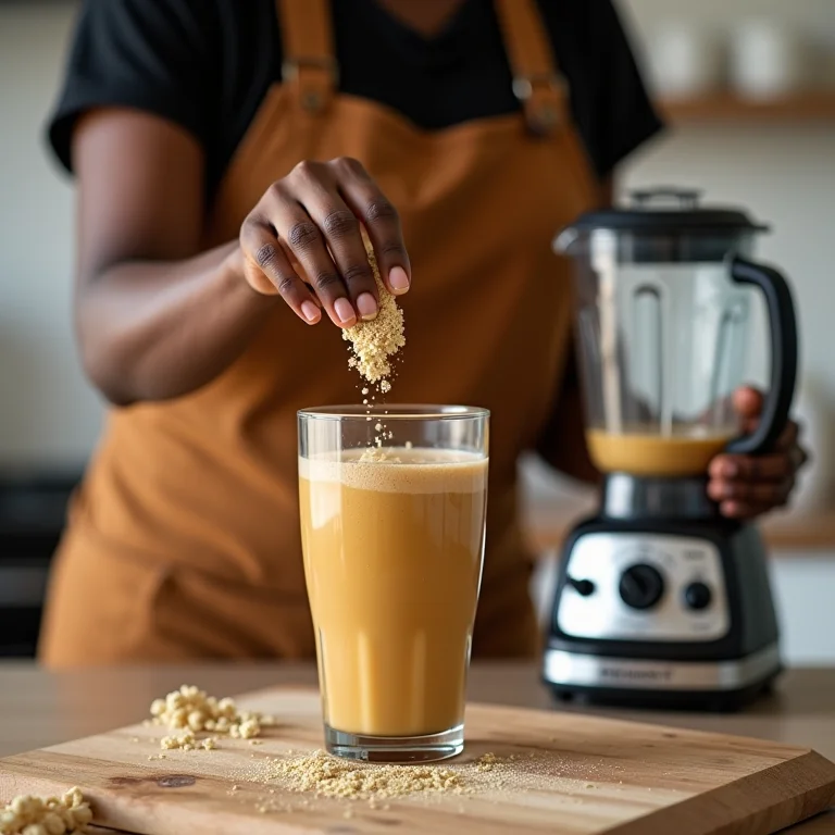 Mulher negra adicionando cevada solúvel a um smoothie na cozinha